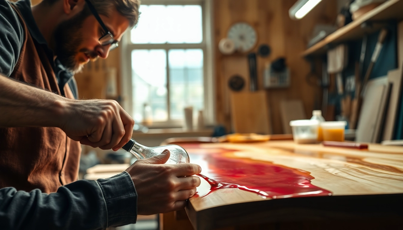 Laminating resin application showcased prominently in a workshop setting with tools and materials.