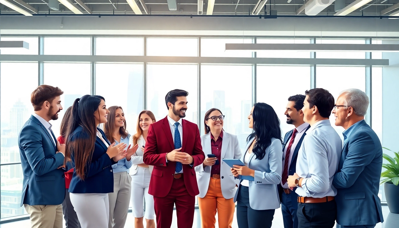 Engaging social selling interaction among professionals in a bright office setting.
