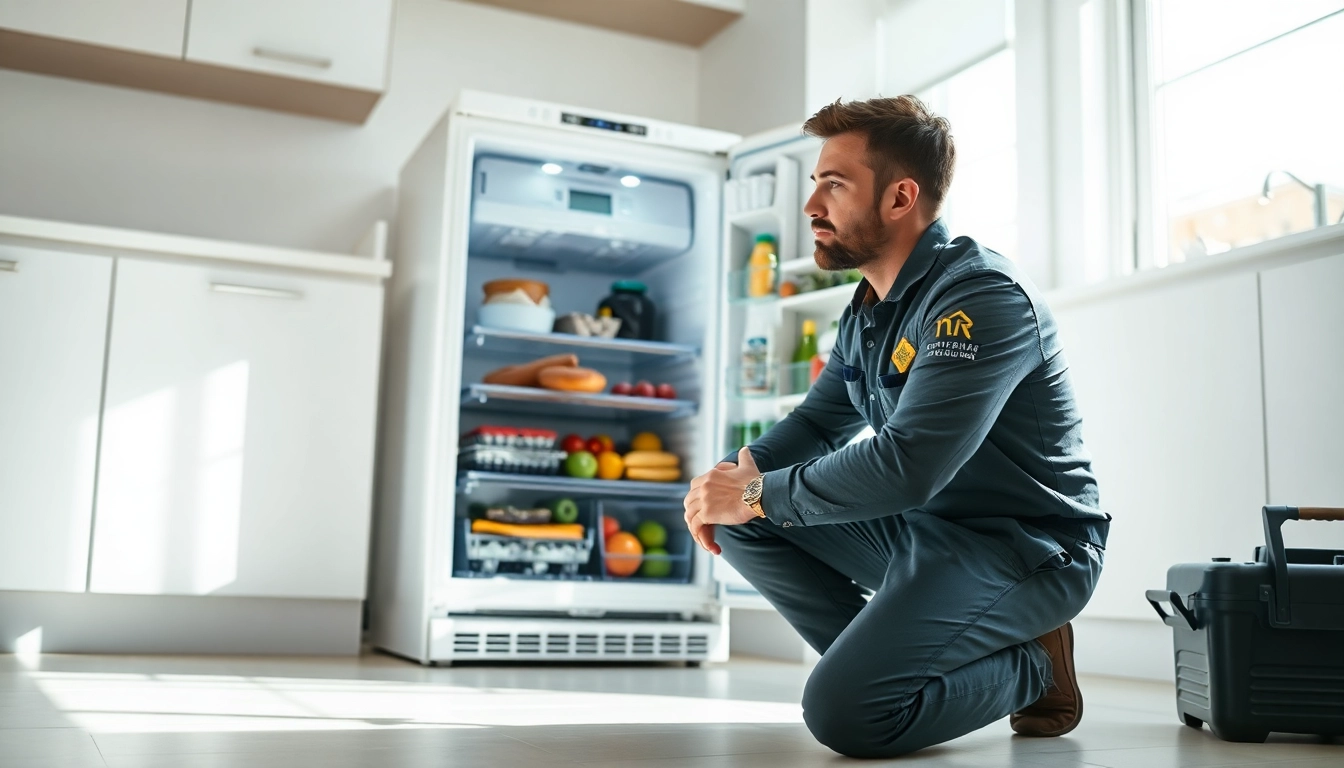 Repairing an appliance featuring a technician working on a refrigerator in a well-lit kitchen.