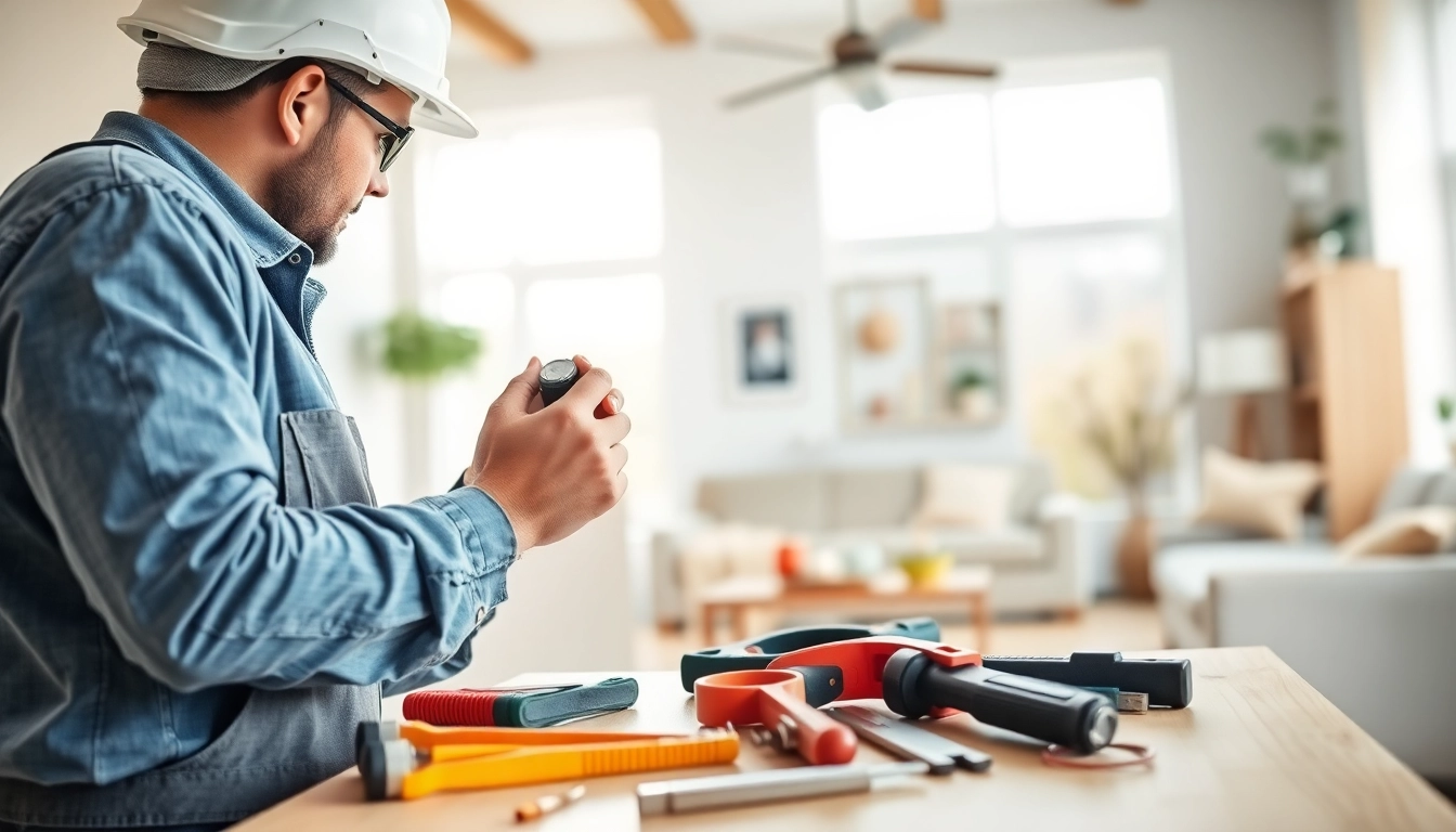 Electrician installing light fixtures in a bright residential living room.