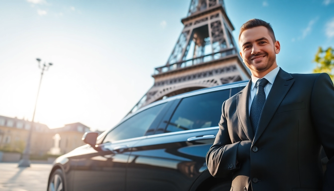 Chauffeur privé offrant un service de luxe à Paris avec la Tour Eiffel en arrière-plan.