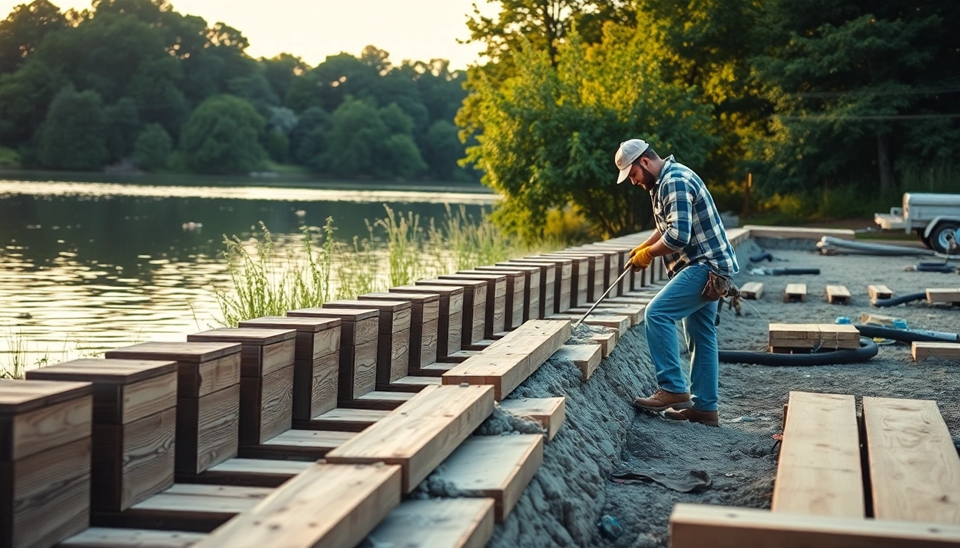 Showcasing bulkhead installation with a skilled laborer working near the water's edge.