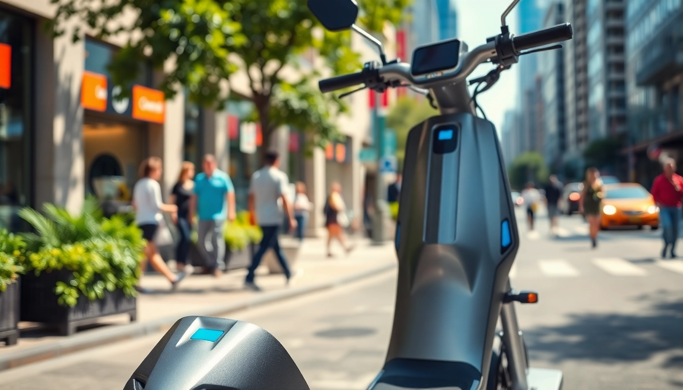 Experience the city on an electric scooter with a sleek design and vibrant surroundings.