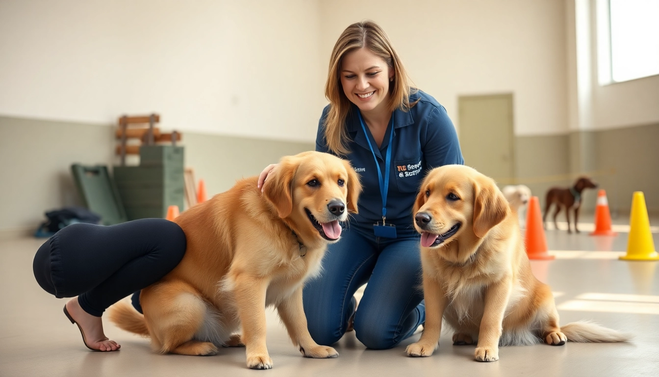 Service dog trainer demonstrating training techniques with a golden retriever in a warm facility.