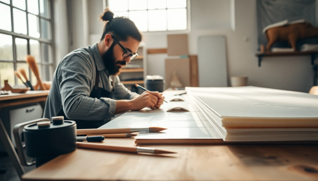 Crafting with laminating resin in a professional workspace, emphasizing tools and materials.
