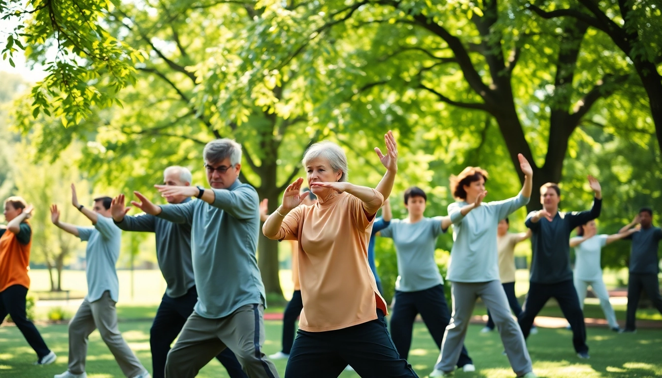 Engaged participants in Tai Chi Classes Long Beach practicing in a peaceful park setting.