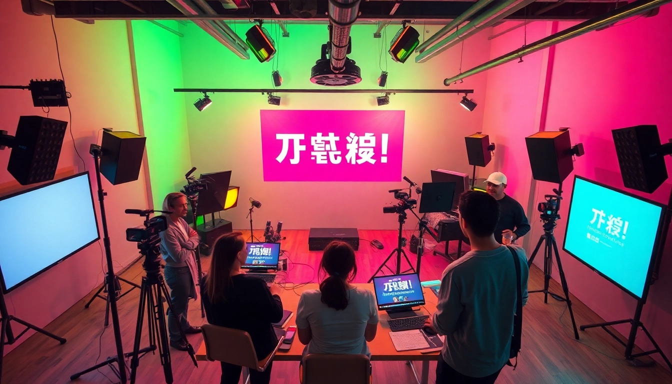 Creating 홍보영상제작 with a creative team in a dynamic, colorful studio setting.