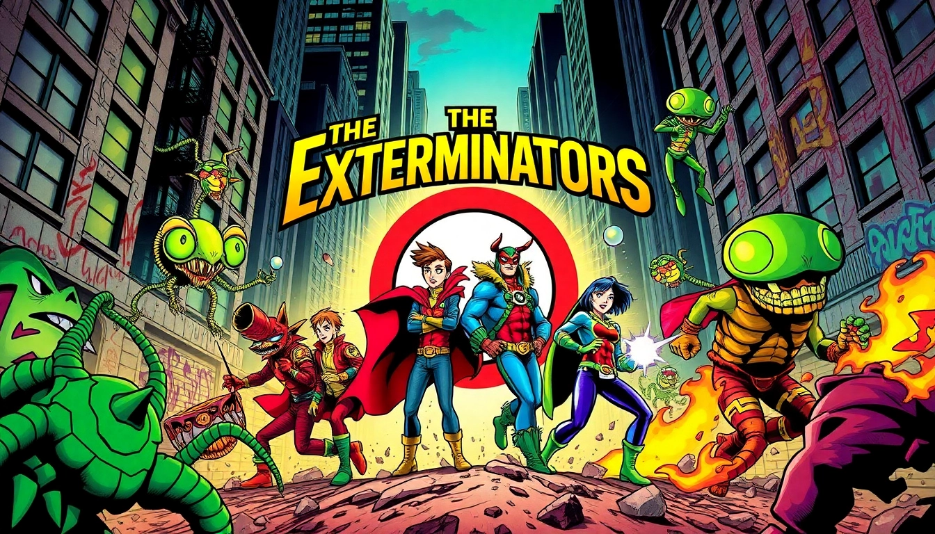 The Exterminators team battling oversized pests in a vibrant comic book style.