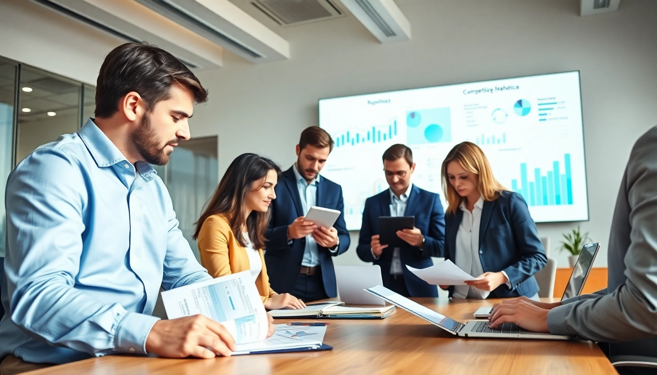 Analyze competitive intelligence data in a collaborative team setting, showcasing strategic insights.