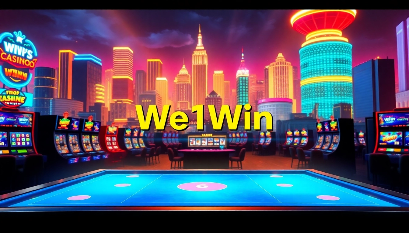 Experience We1Win's excitement through a vibrant online casino landscape with enticing games and neon lights.
