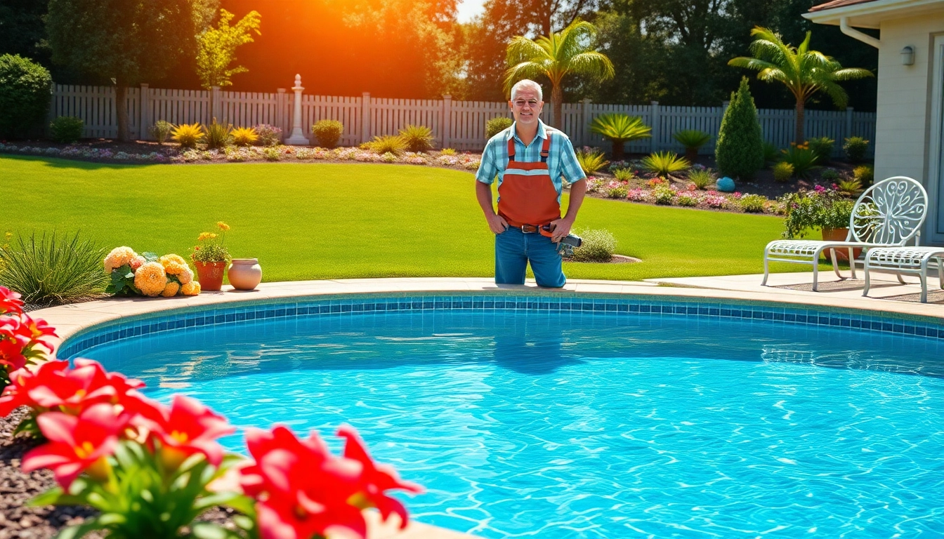 Pool and garden maintenance showcased with a professional landscaper in a vibrant backyard setting.