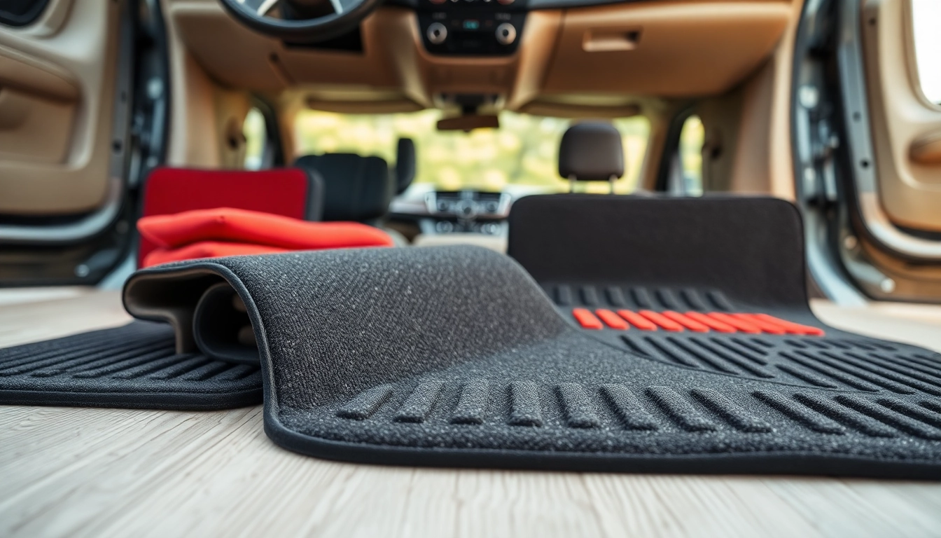 Fußmatten auto in verschiedenen Designs und Materialien auf einem hellen Holzuntergrund präsentieren.