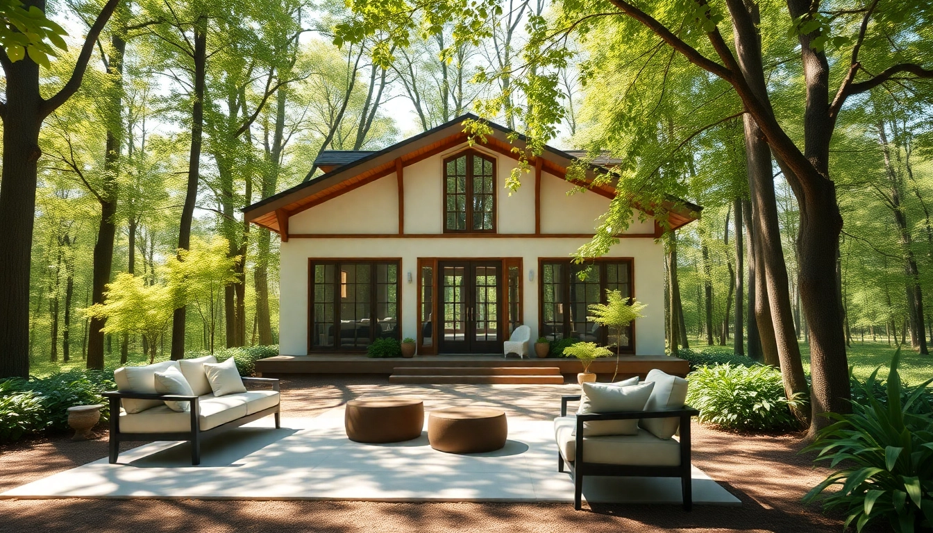 Reserve a peaceful seminarhaus buchen in a tranquil forest setting with lush greenery.