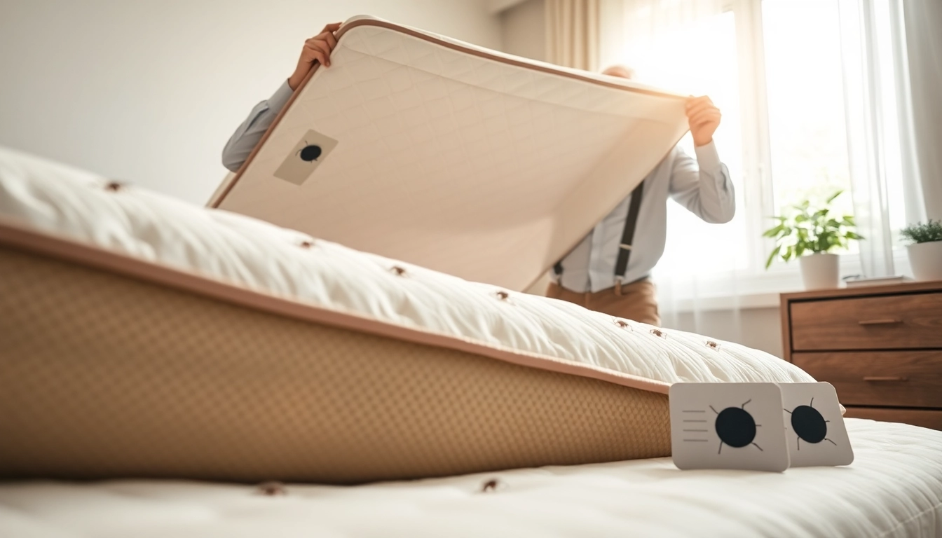 Illustration of effective bed bug control methods in a professional setting with an exterminator inspecting a mattress.