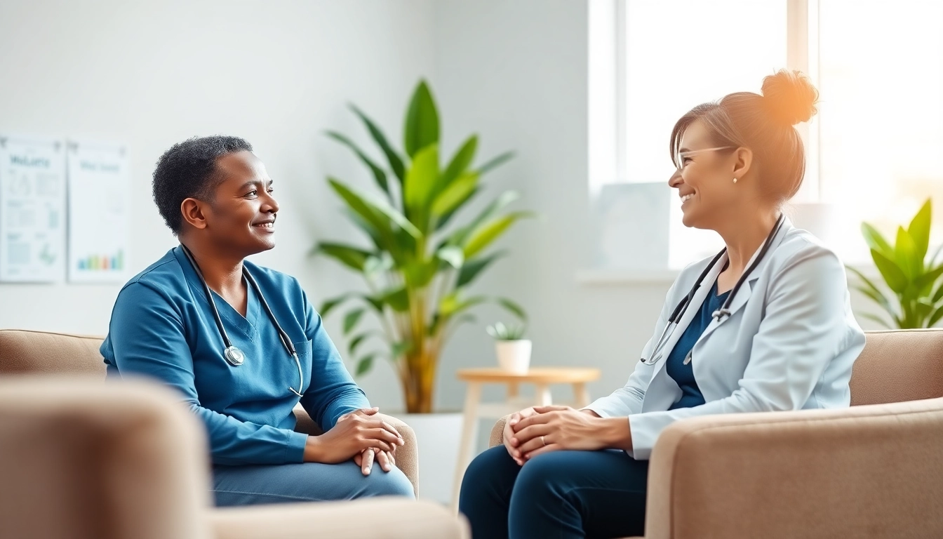 Consultation at a medical weight loss center featuring a healthcare professional guiding a patient.