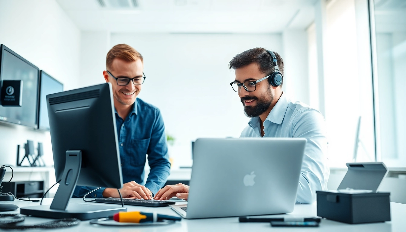 Offering efficient computer help with a technician and client in a modern office setting.