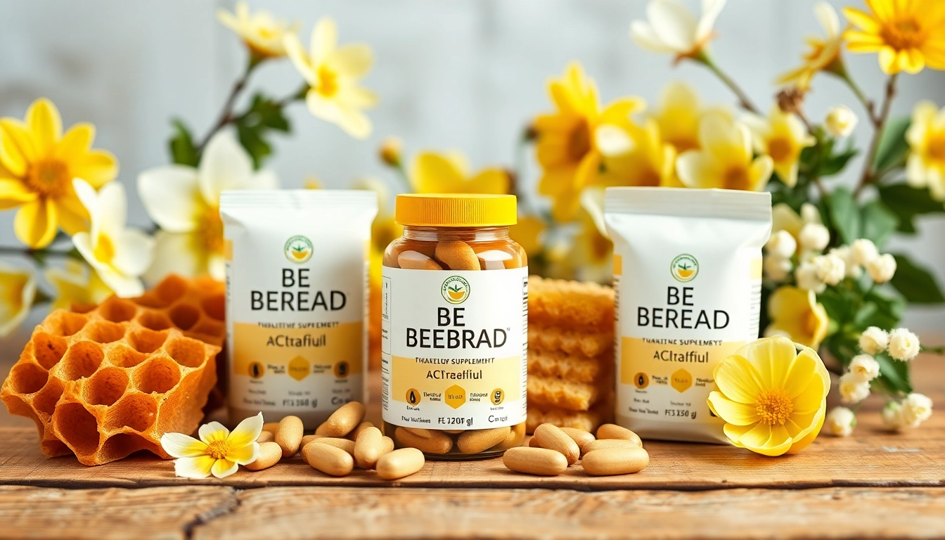 Discover the benefits of Bee bread supplements through a vibrant display of natural ingredients and packaging.