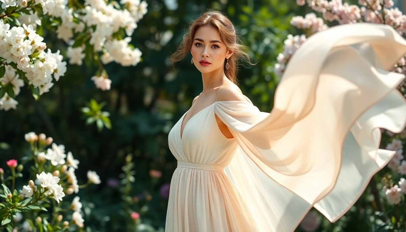 Model displaying Timeless silhouettes in a flowing A-line dress amidst a blooming garden.