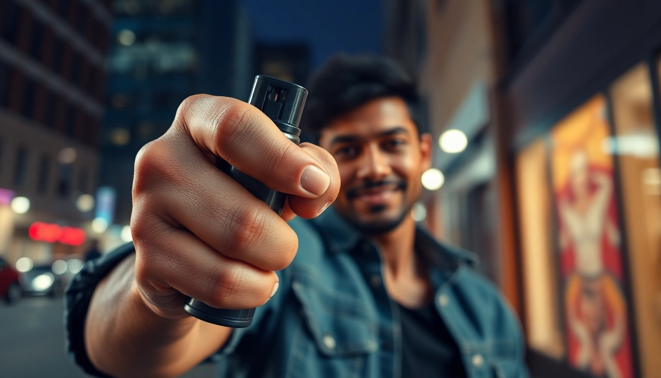 Individual demonstrating pepper spray for self-defense in an urban setting.