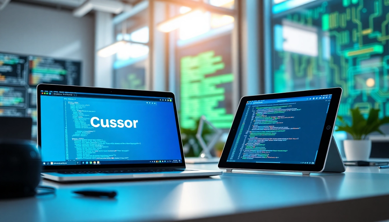 Compare features of Cursor vs GitHub Copilot in a high-tech coding workspace.