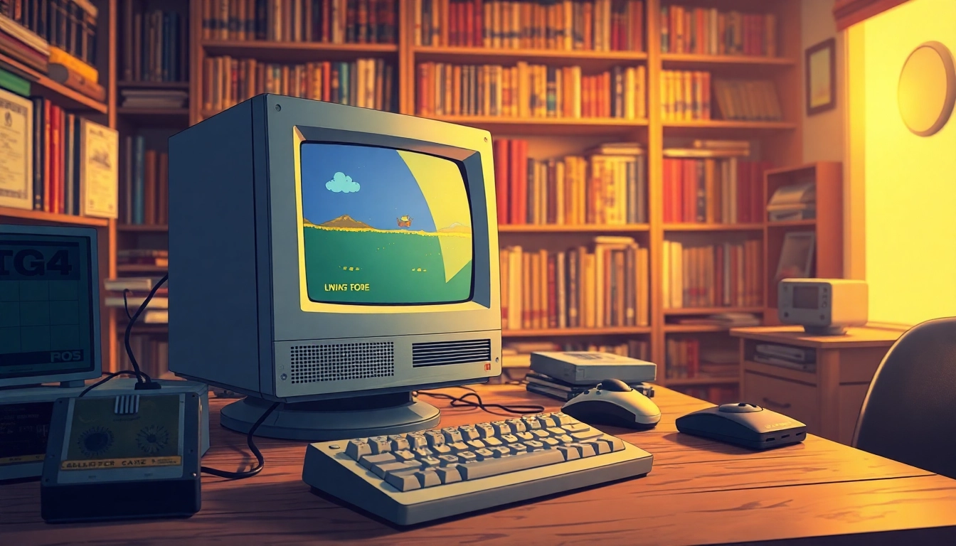 Play DOS games on a vintage computer setup with an inviting atmosphere.