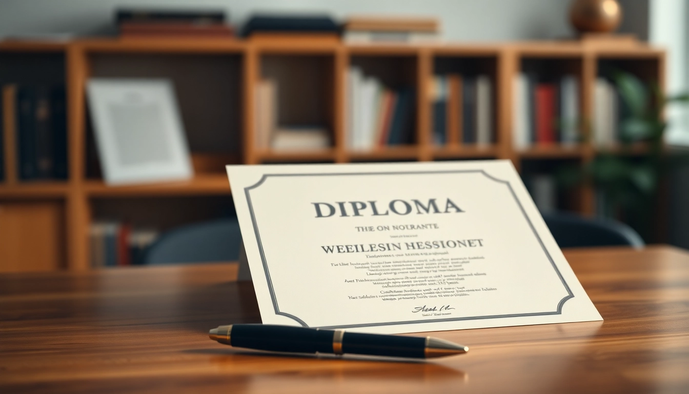 Buy a fake diploma showcased on a desk, emphasizing quality and professionalism.