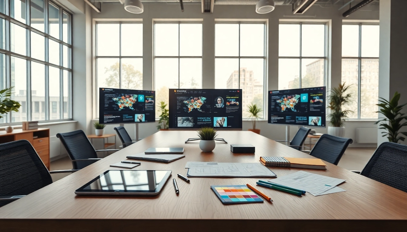 Showcase creative website design process in an inspiring workspace with digital interfaces.