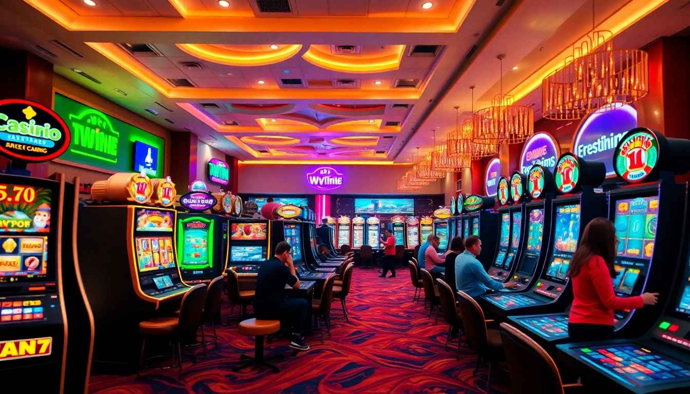 Exciting We1Win online casino gaming environment showcasing vibrant slot machines and players.