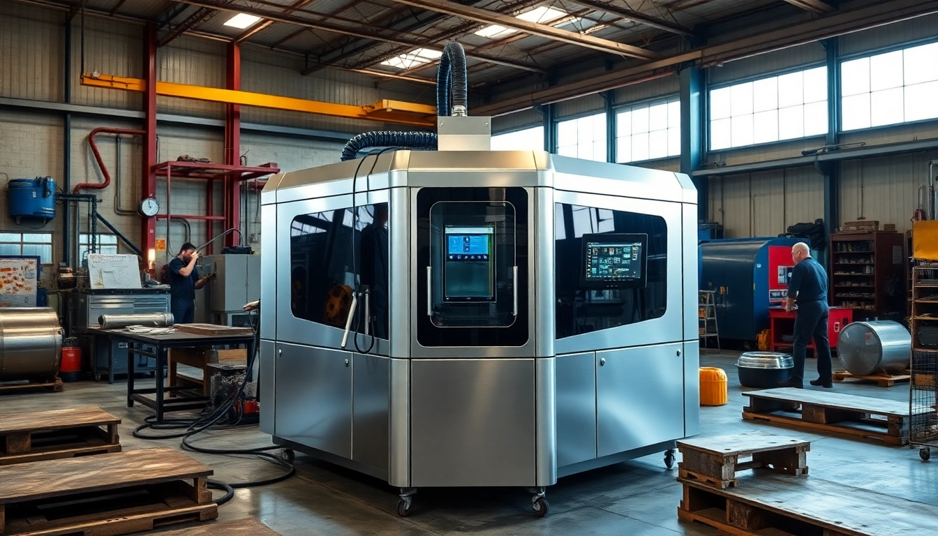 Technicians operate a laser cleaning machine in a modern industrial workshop.