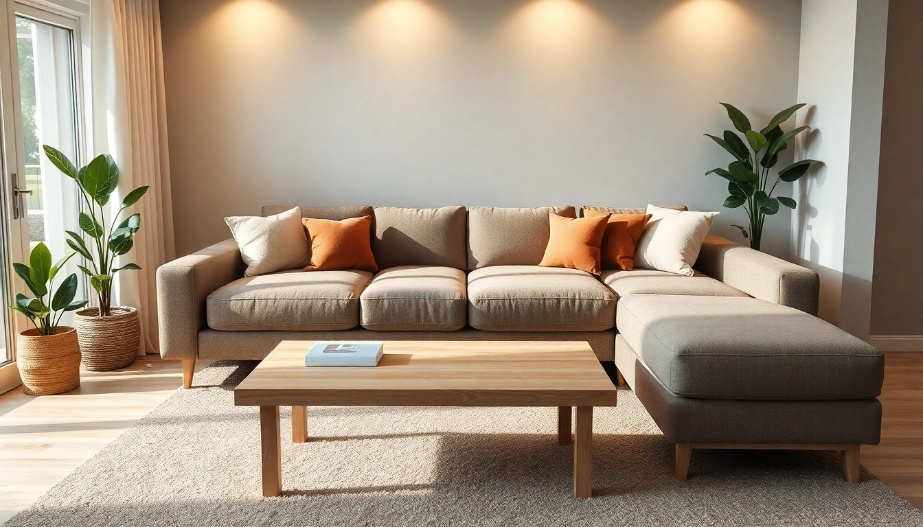 Ecksofa mit Schlaffunktion in einem stilvollen Wohnzimmer mit warmen Farben und gemütlichen Dekoren.