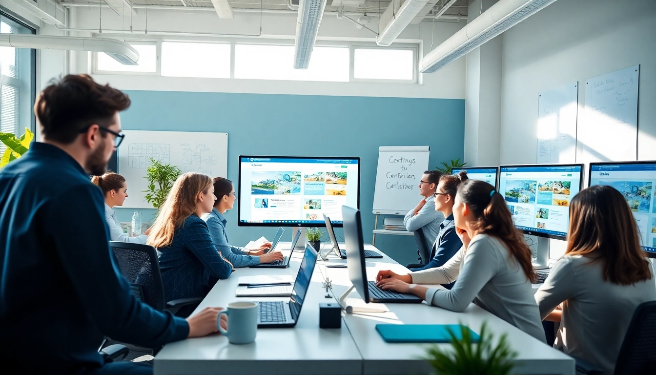Cattura il processo di creazione sito web agenzia con un team di web designer in un ufficio moderno.