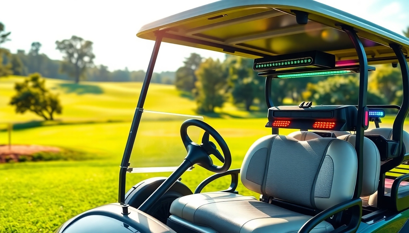 Explore golf cart accessories showcasing seat covers, LED lights, and cargo racks in vibrant colors.