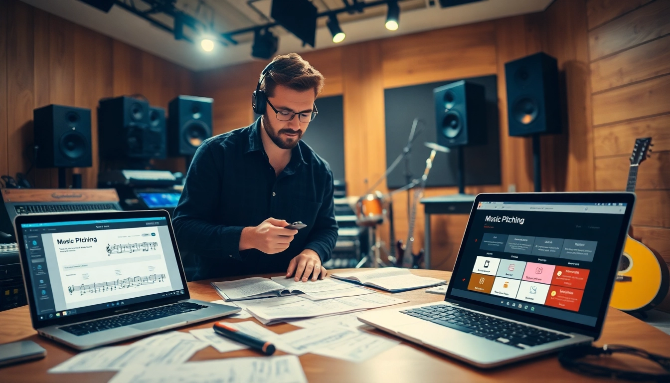Musician engaged in music pitching strategy in a vibrant recording studio environment.