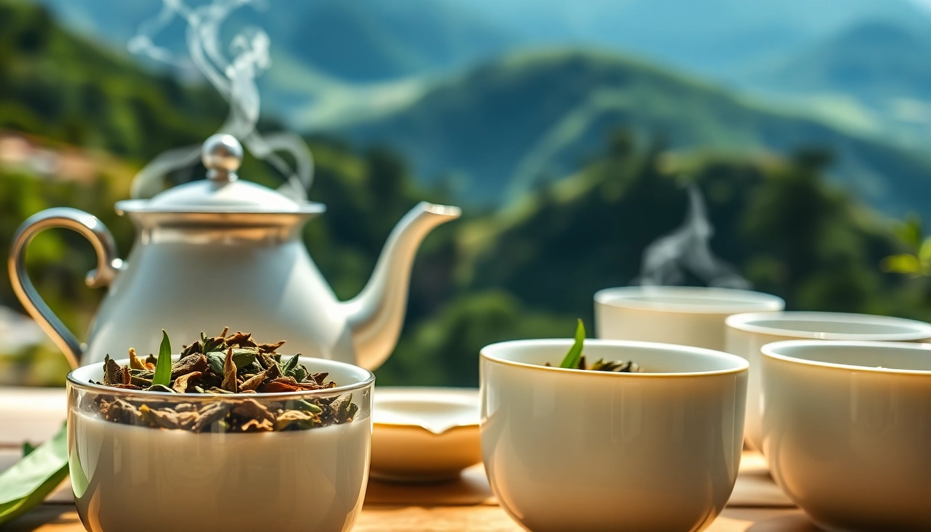 Nepal tea preparation with fresh leaves and porcelain teacups against a serene Himalayan backdrop.