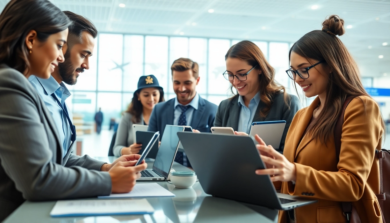 Engaged in the uk eta online application process at an airport counter, showcasing diverse business travelers.