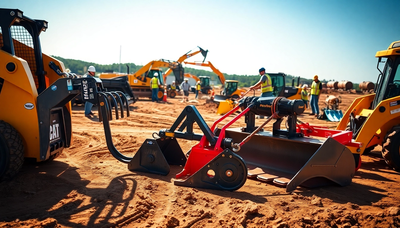 Skid Steer Attachments in action on a construction site, showcasing various equipment types and vibrant textures.