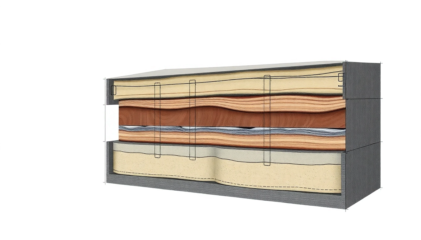 Illustrate cross section of a multi-layered structure showcasing intricate details and textures.