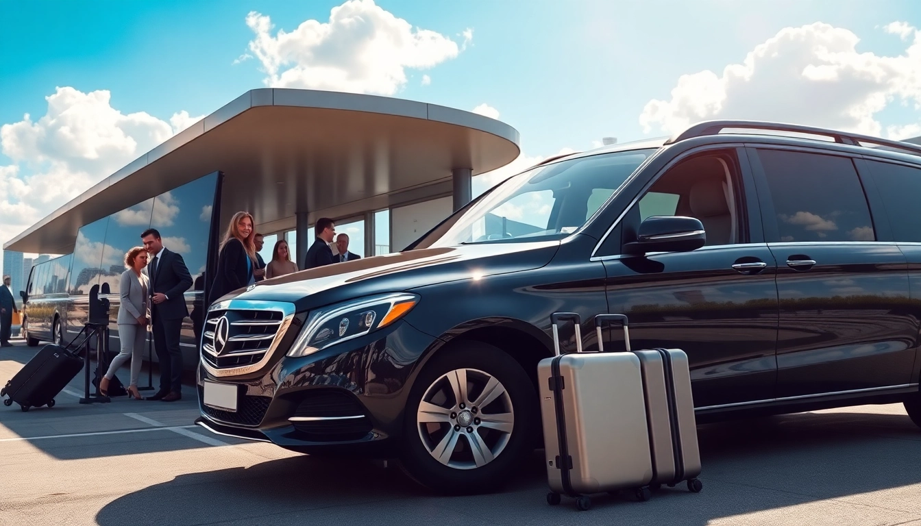 Efficient airport transfers service with a luxury vehicle welcoming passengers at the terminal.