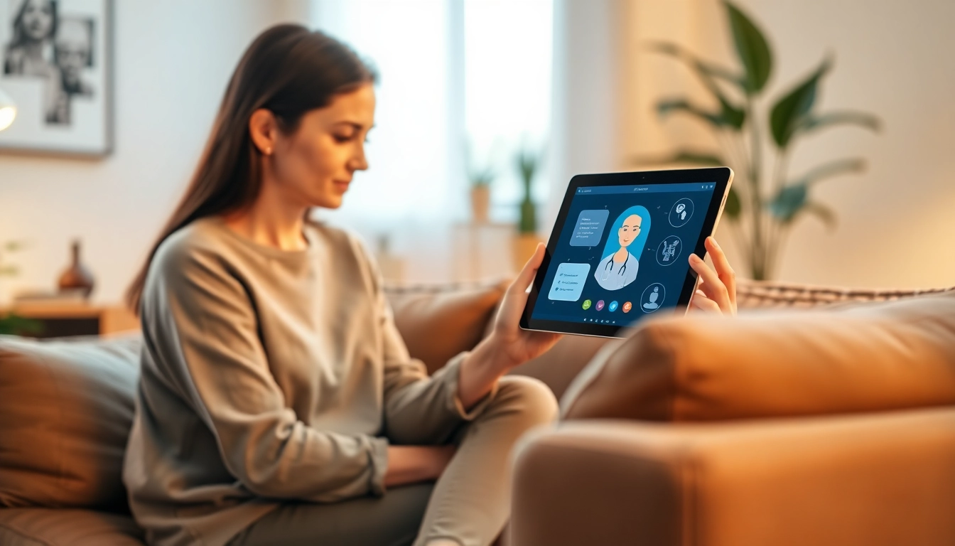 Engaging with an AI Therapist in a calming therapy room setting.