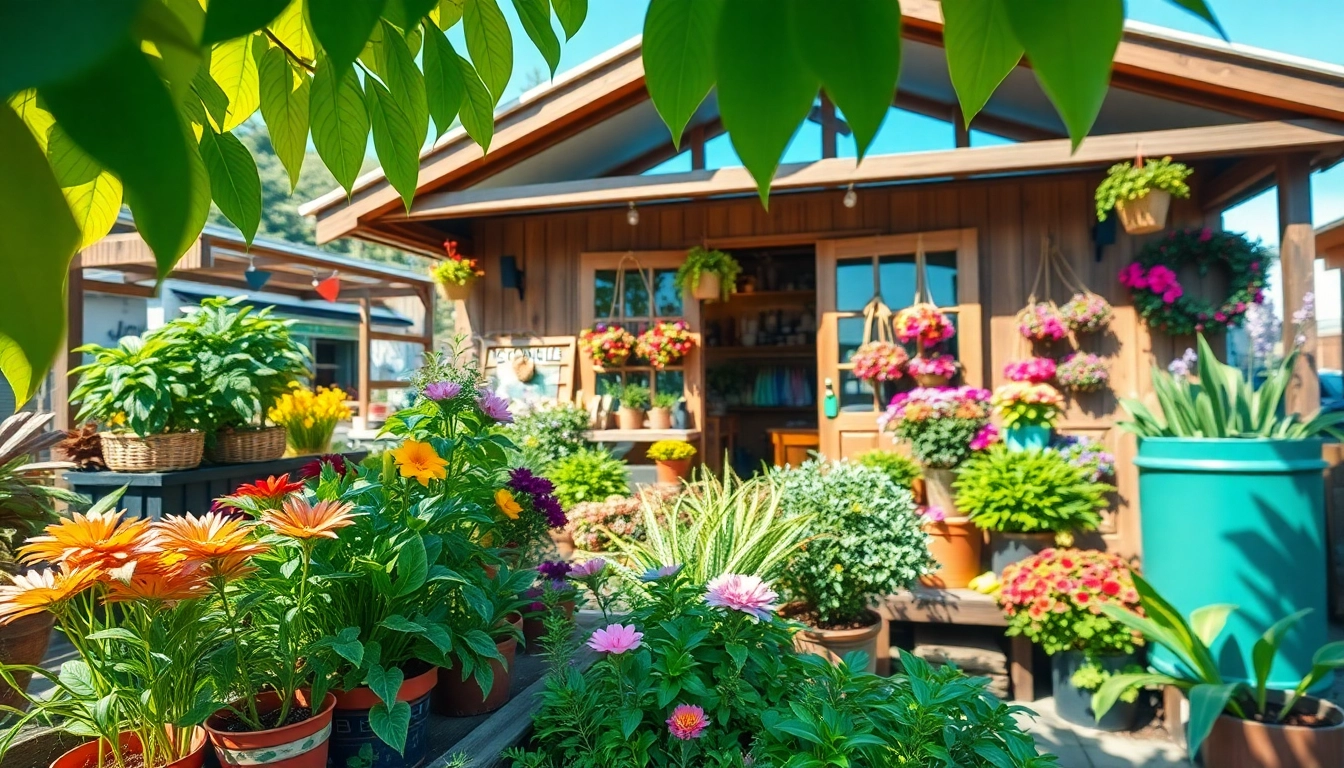Attract customers to a Grow A Garden Shop with a vibrant garden setup featuring plants and accessories.