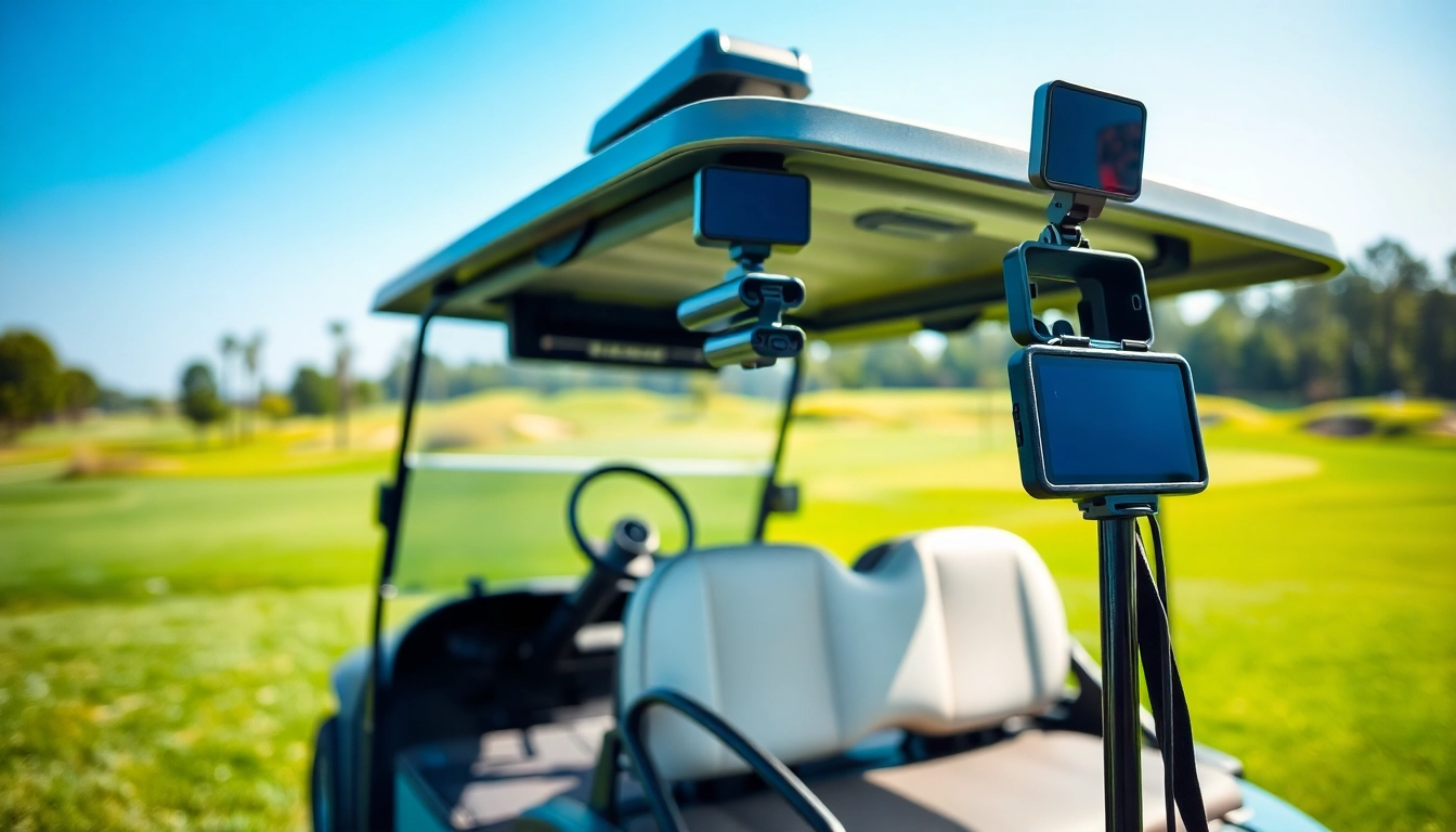 Showcase of golf cart accessories enhancing a stylish golf cart in an outdoor golf course setting.