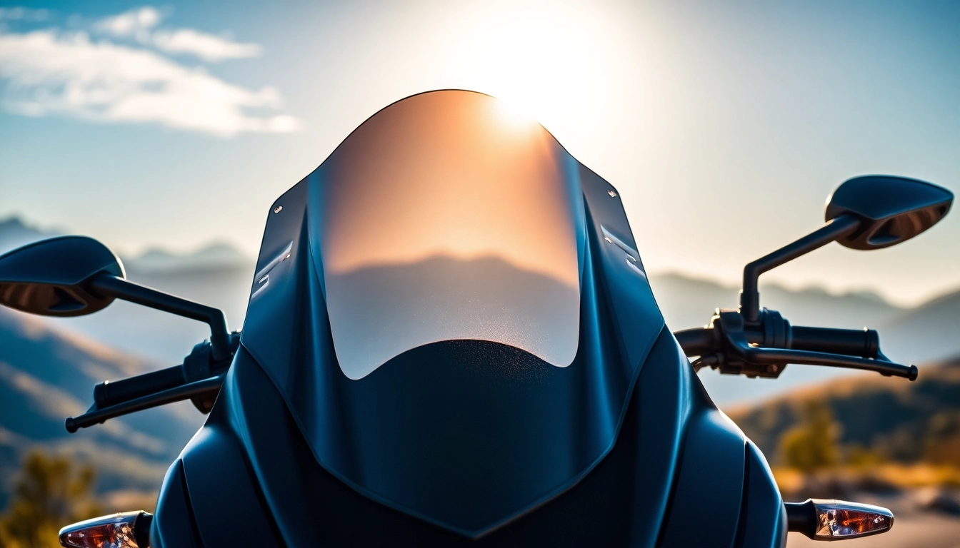 Showcasing motorcycle windshields on a sleek sport bike against a vibrant mountain backdrop.