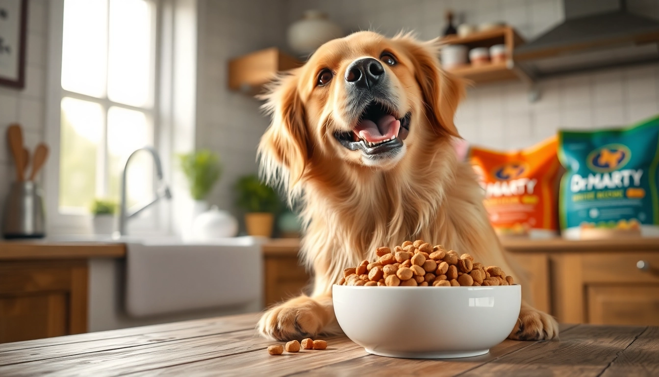 Happy golden retriever enjoying dr marty pet food canada in a bright kitchen setting.