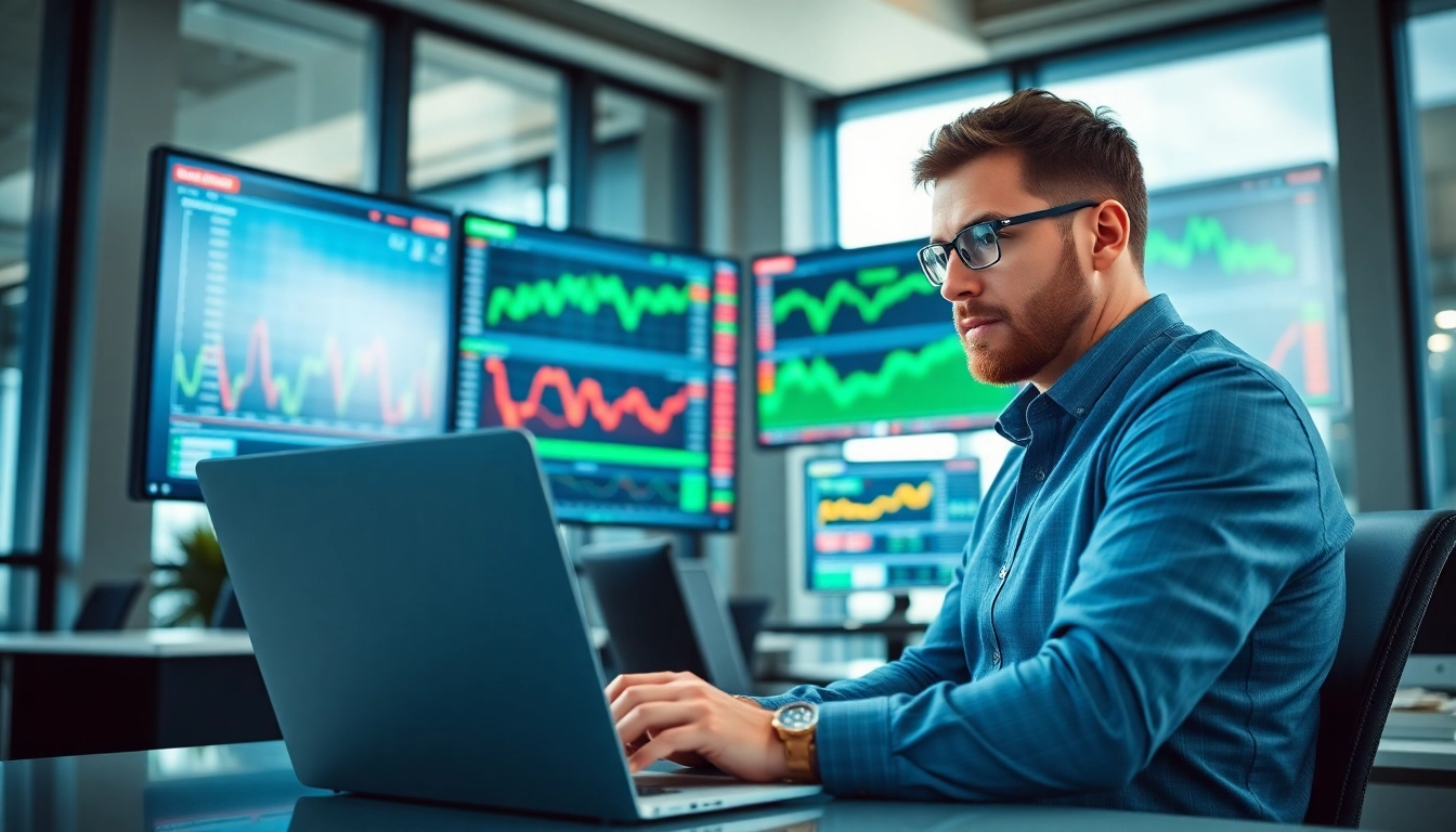 Engaged trader immersed in CFD trading analysis, showcasing dynamic financial data in a modern setting.
