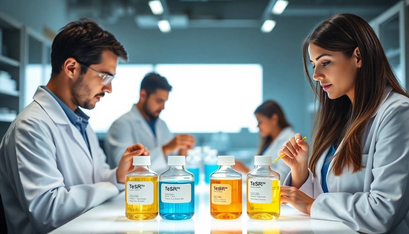 All check for researchers examining TeSR™ stem cell culture media in a bright laboratory setting.