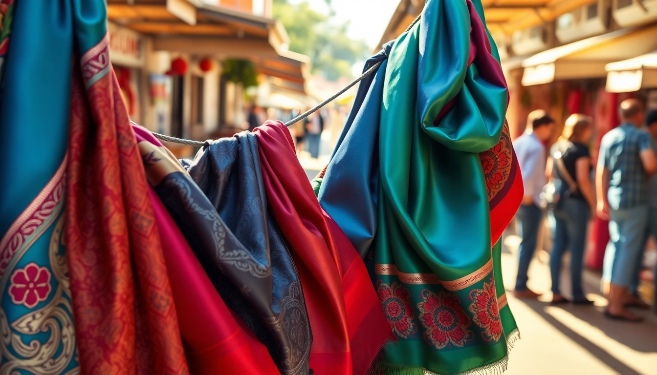 Stylish silk scarves showcased in an outdoor market setting, highlighting their textures and colors.