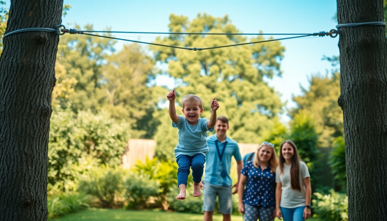 Child enjoying the ZIP WIRE KIT on a sunny day in a backyard setting.