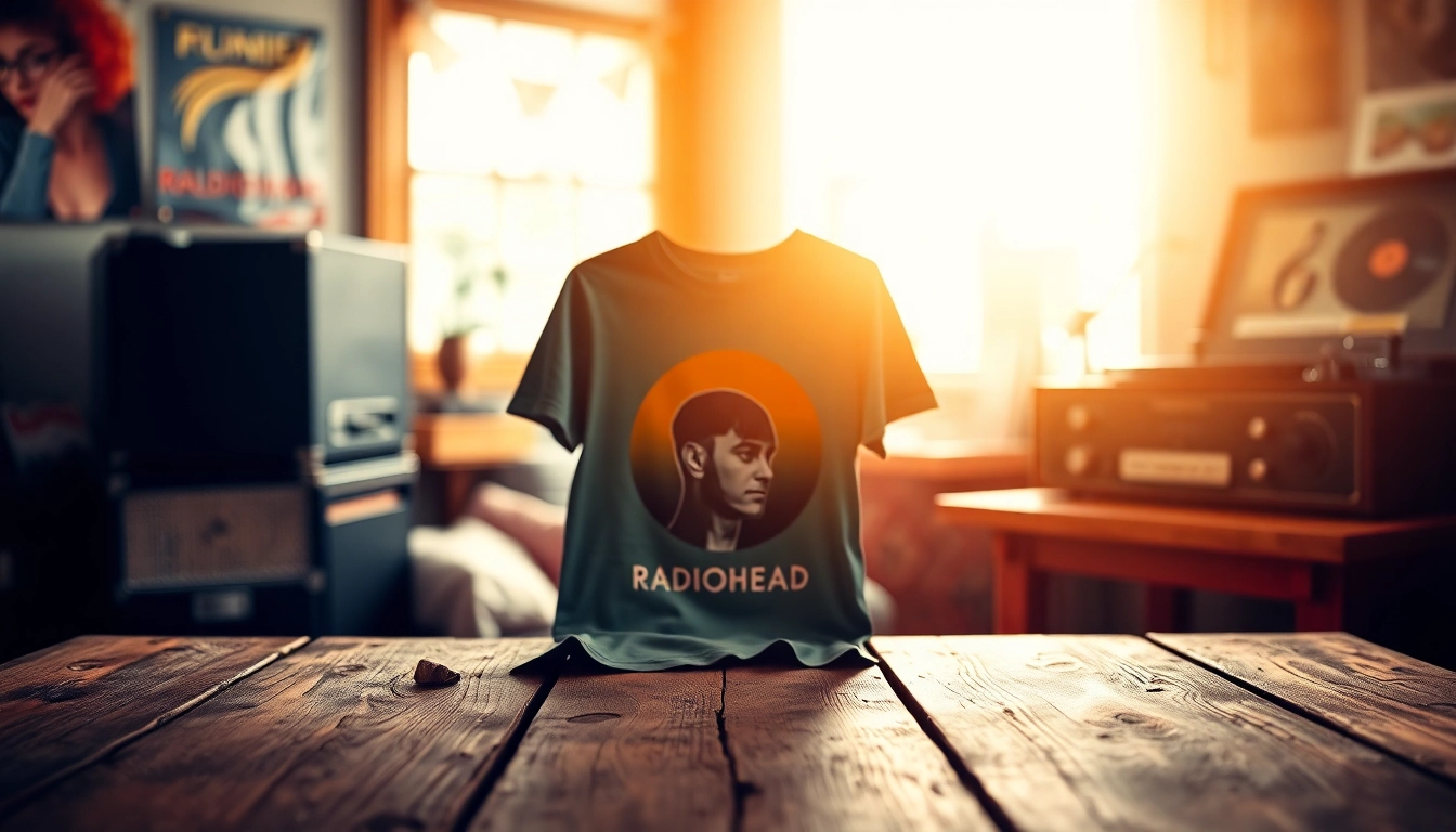 Showcasing a unique Radiohead shirt with vintage design on a cozy wooden table.