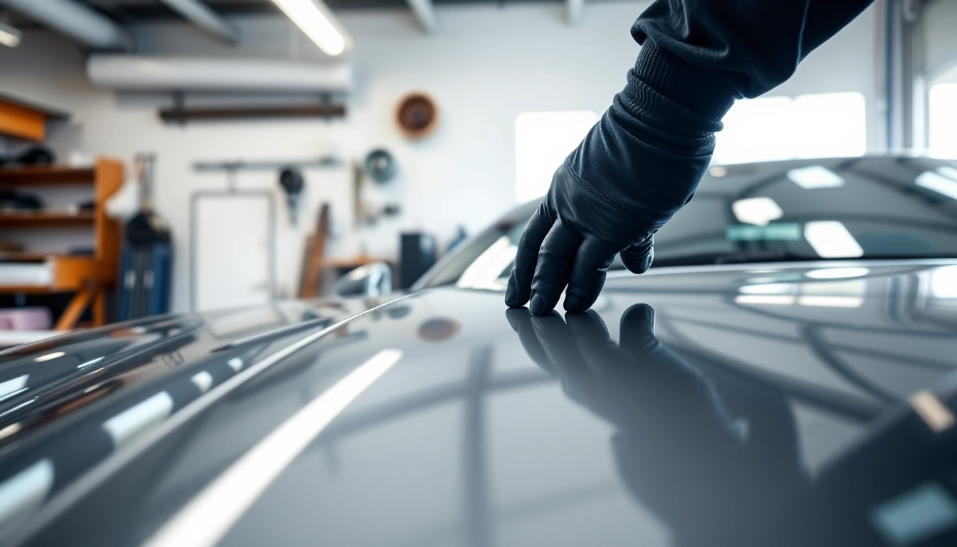 ppf installer meticulously applying paint protection film on a sleek sports car.