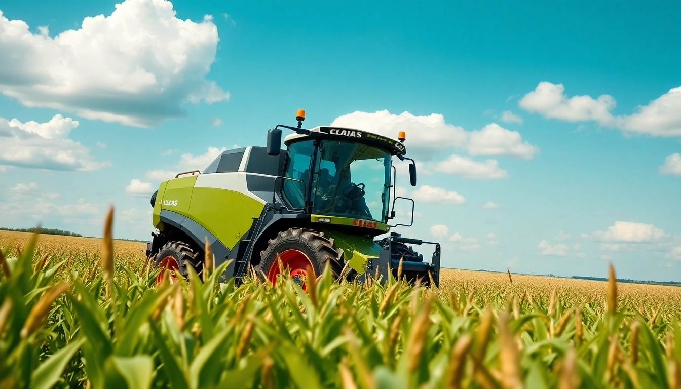 Claas Traktor erntet Feldfrüchte vor einem klaren Himmel